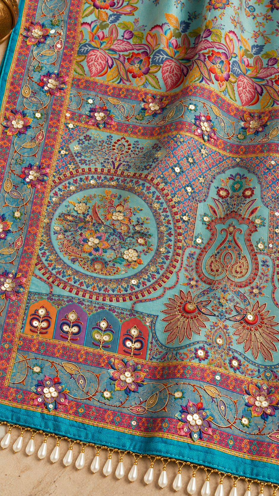 F42 Mint Blue Embroidered Saree