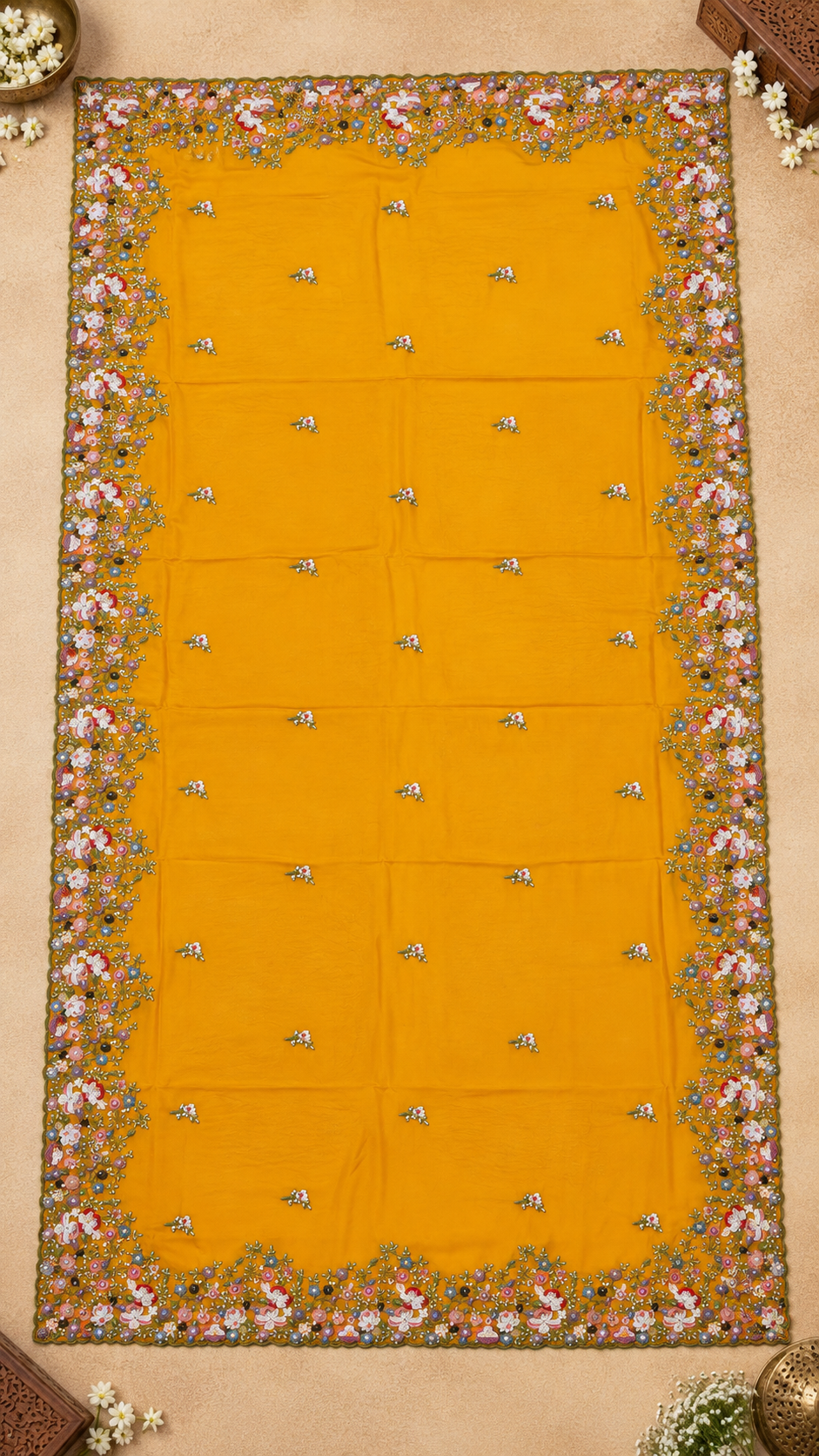 F49 Turquoise Yellow Floral Embroidered Saree