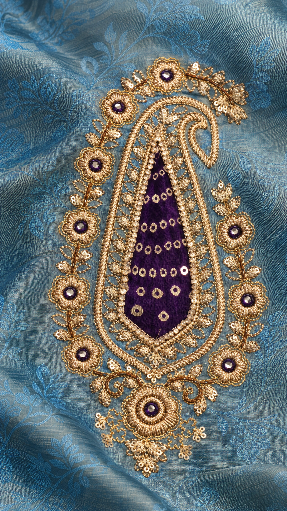 F51 Blue Paisley Embroidered Saree