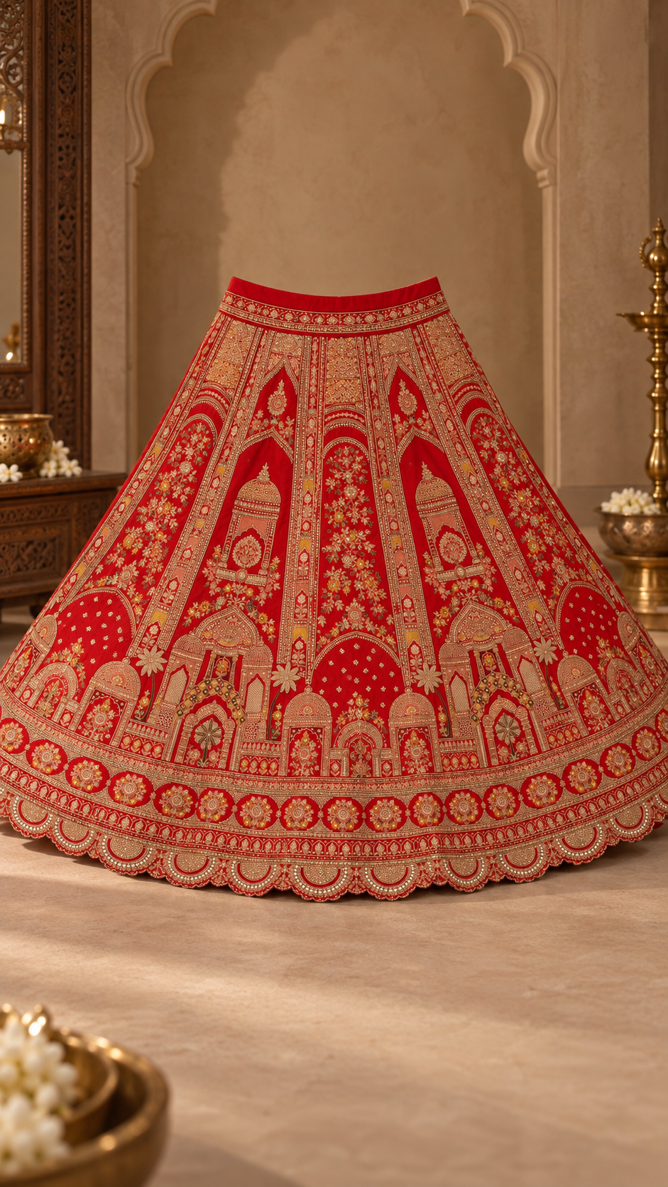 F3 Red and Gold Embroidered Lehenga Set