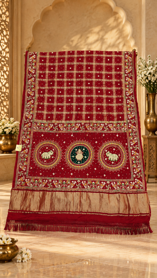 F24 Red Gold Embroidered Saree