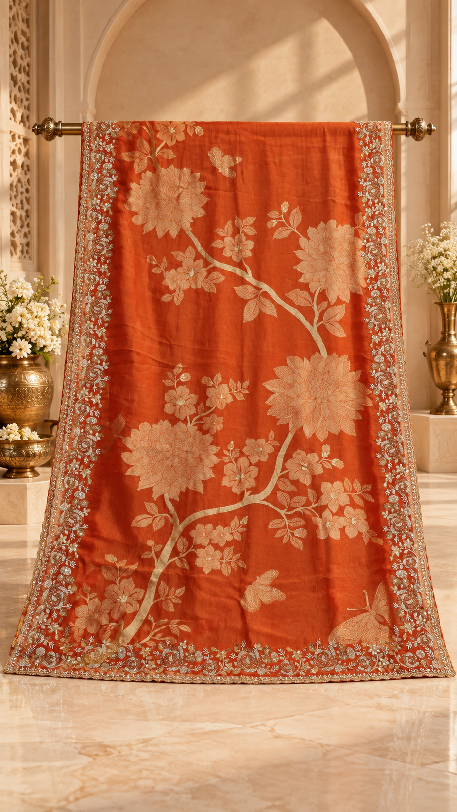 Orange Floral Embroidered Saree