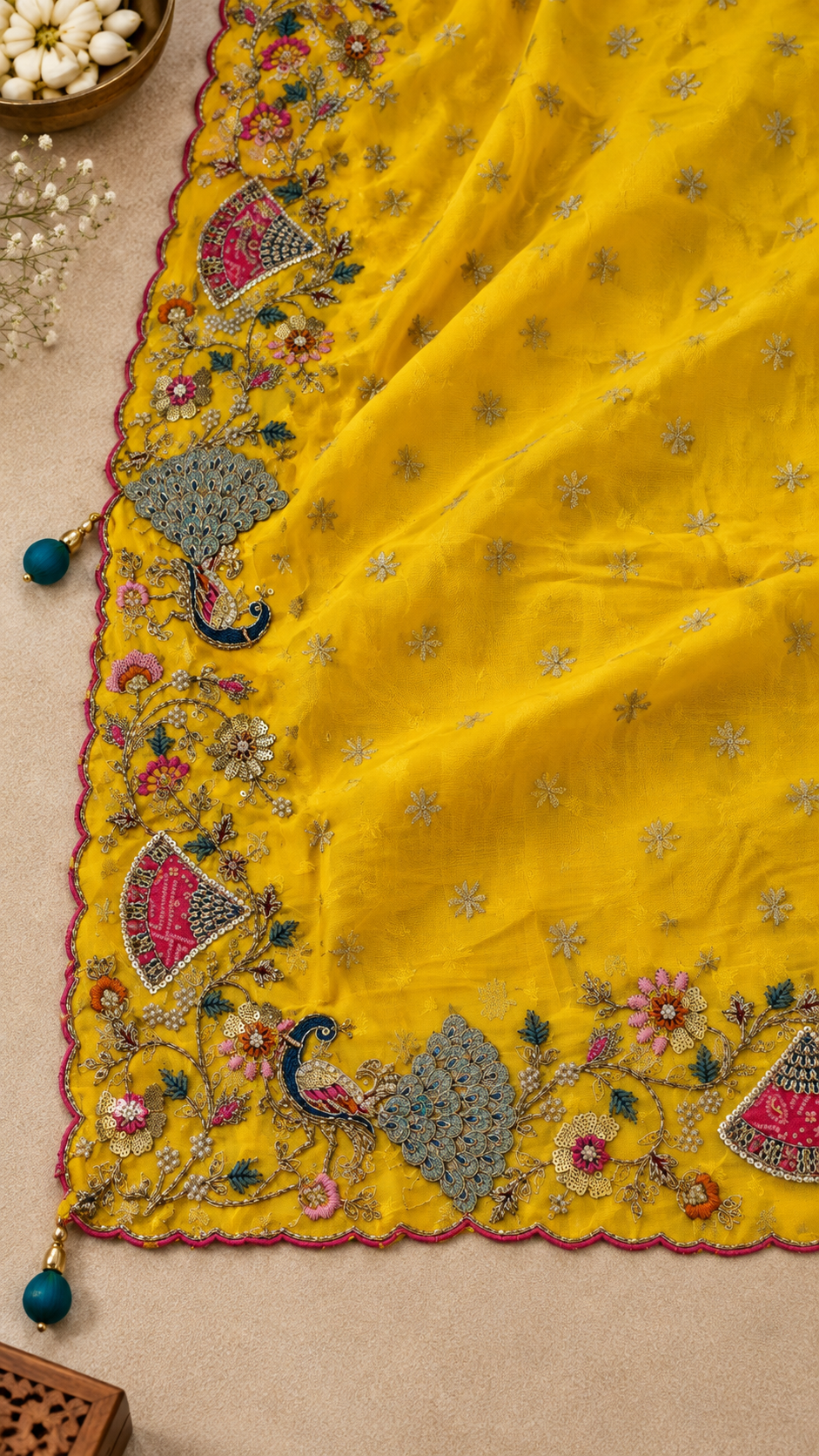 F50 Yellow Floral Embroidered Saree