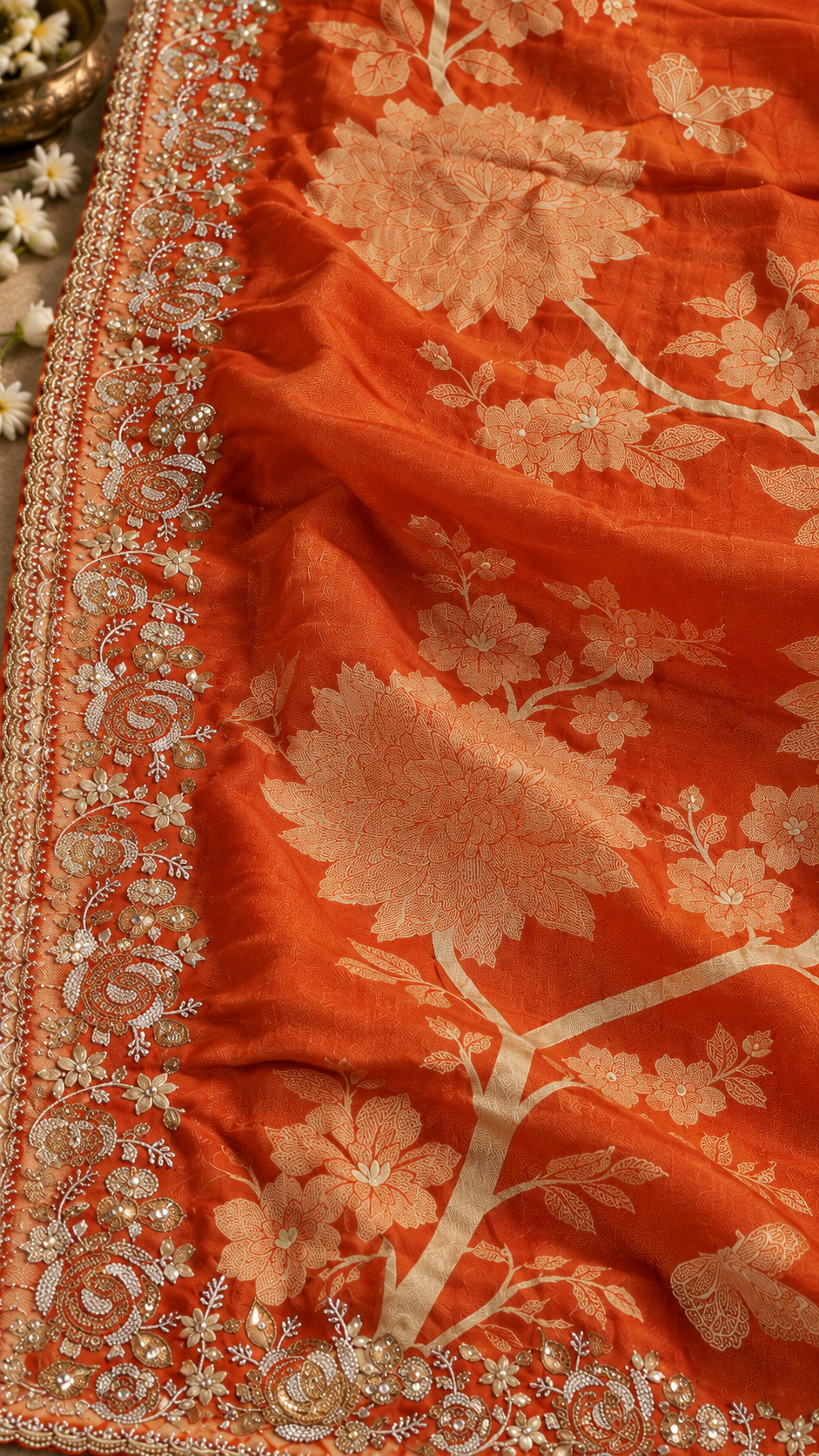 F34 Orange Floral Embroidered Saree