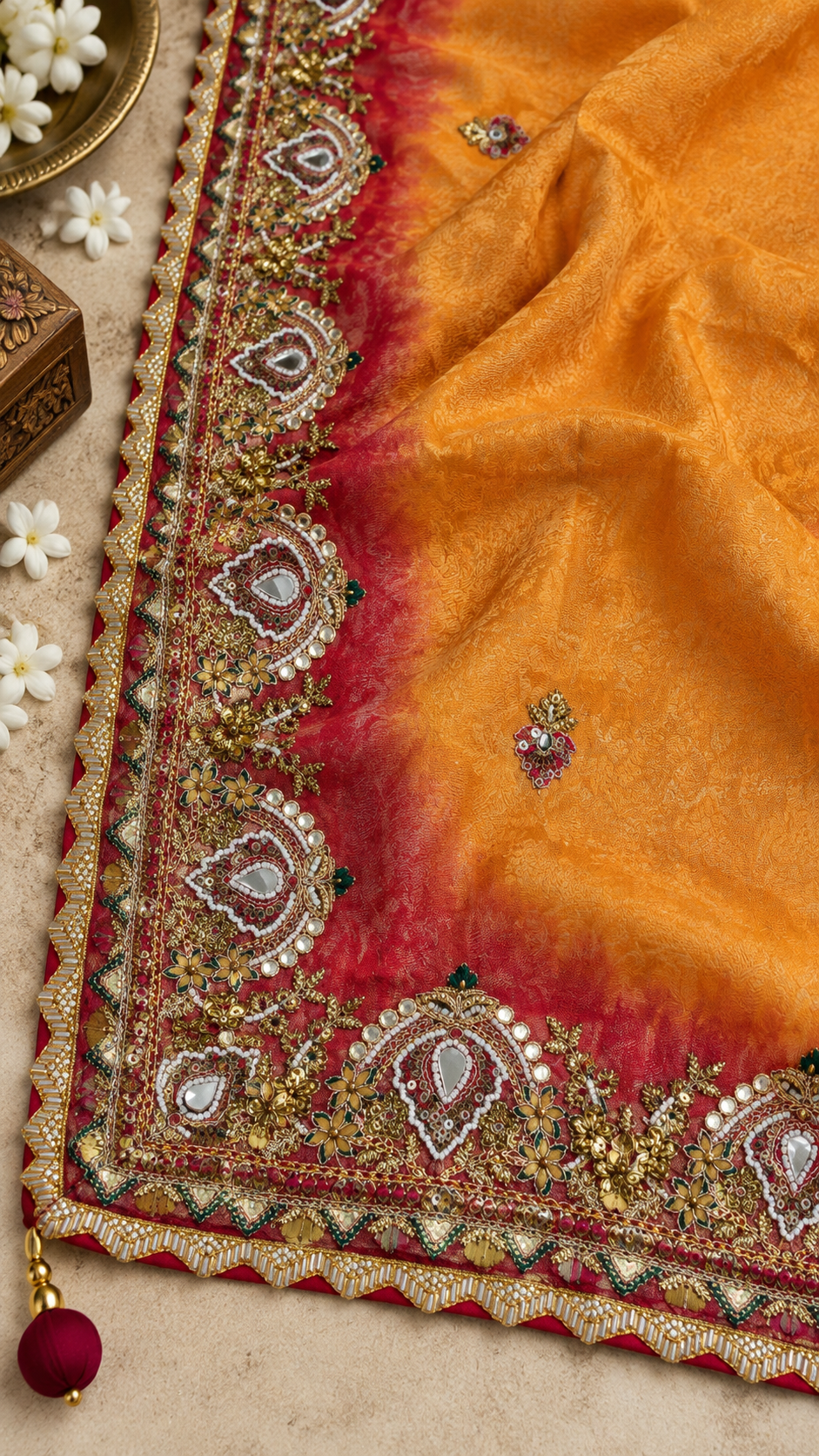 F52 Orange Gold Embroidered Saree