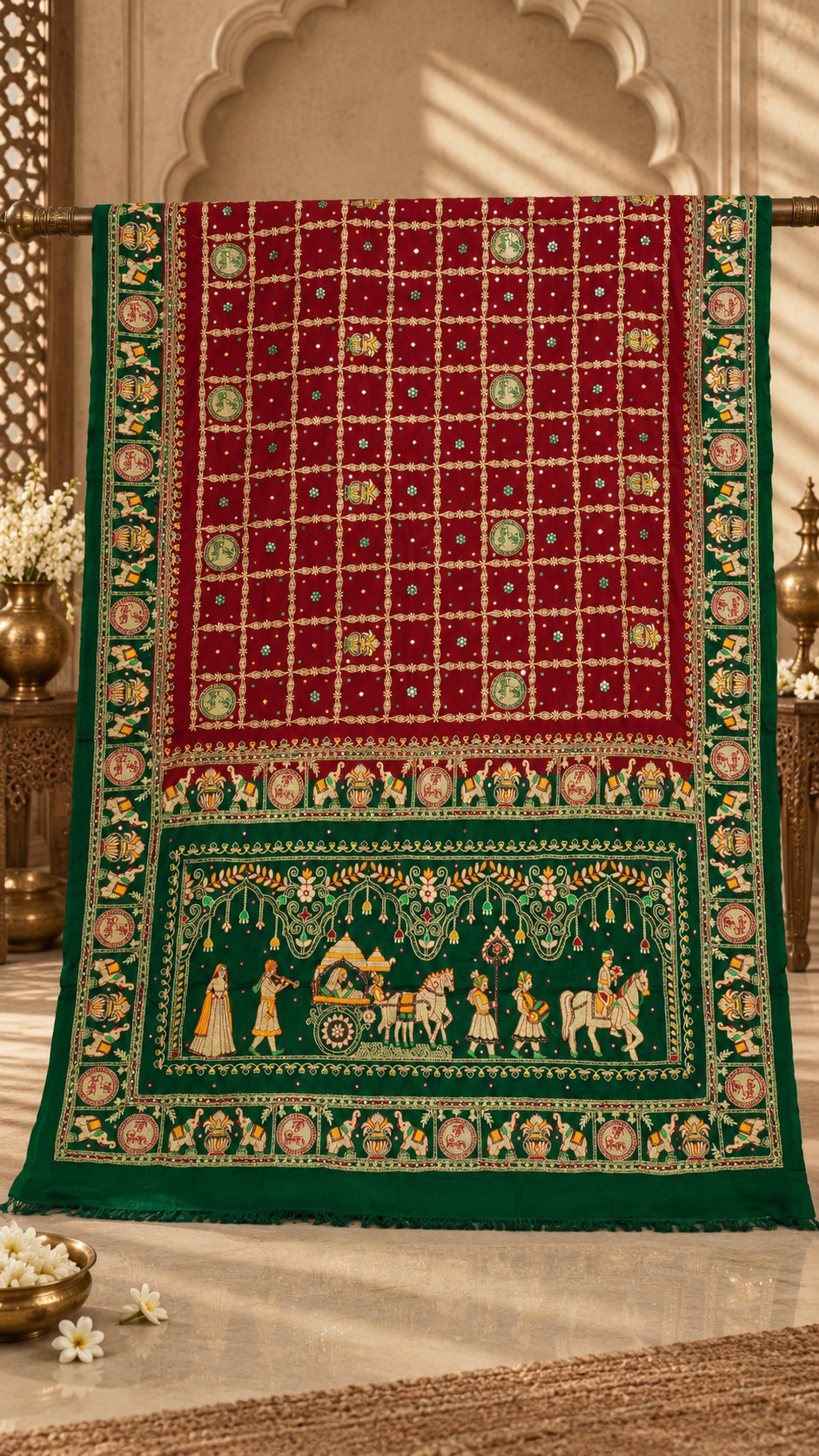 F27 Red Green Embroidered Saree