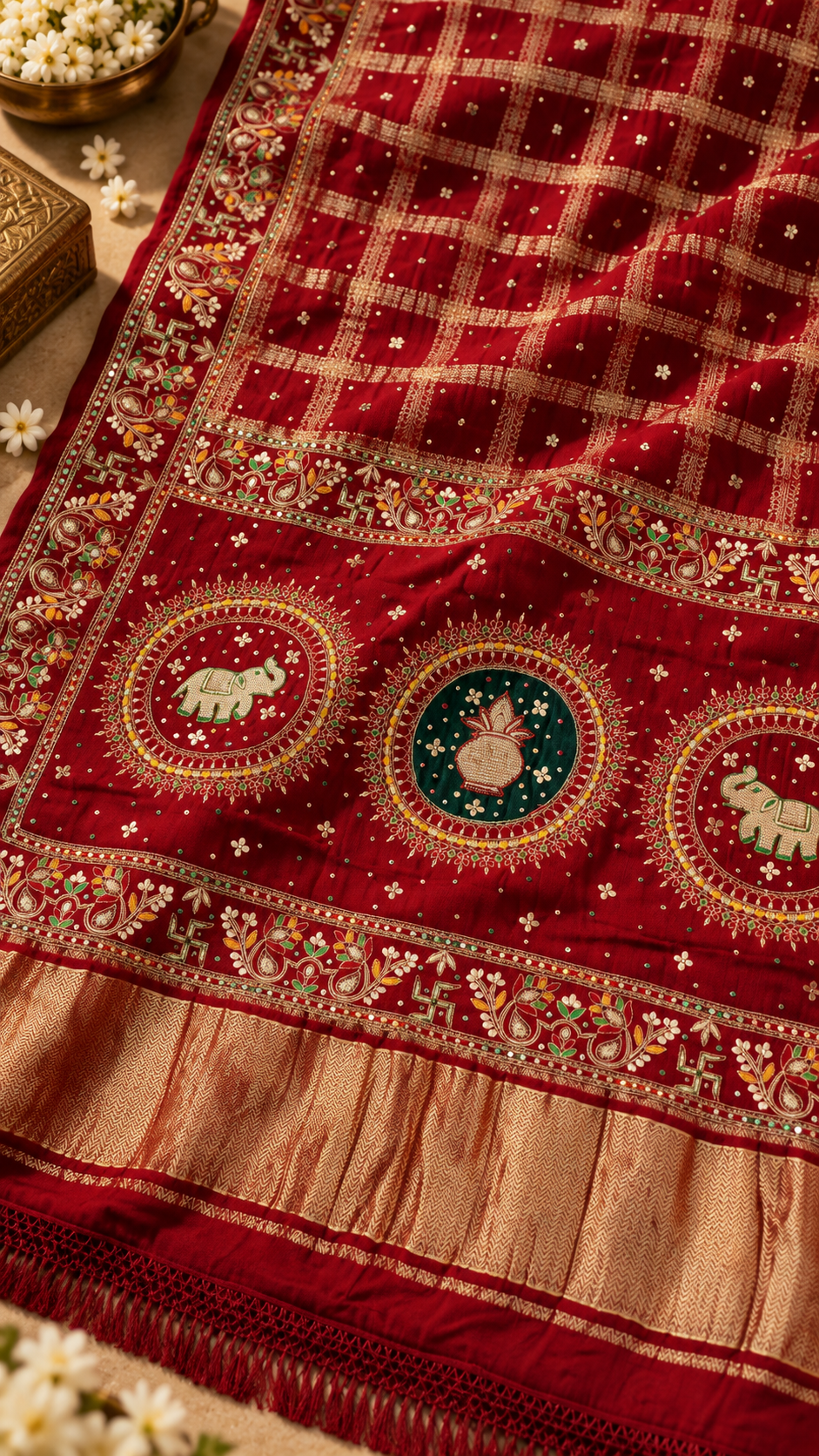 F24 Red Gold Embroidered Saree