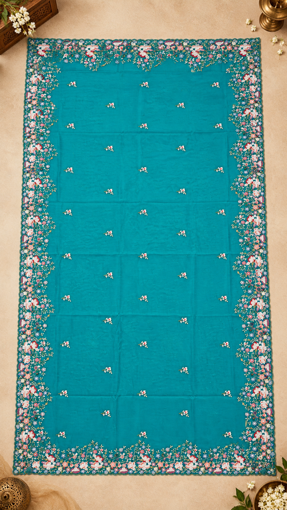 F49 Turquoise Yellow Floral Embroidered Saree