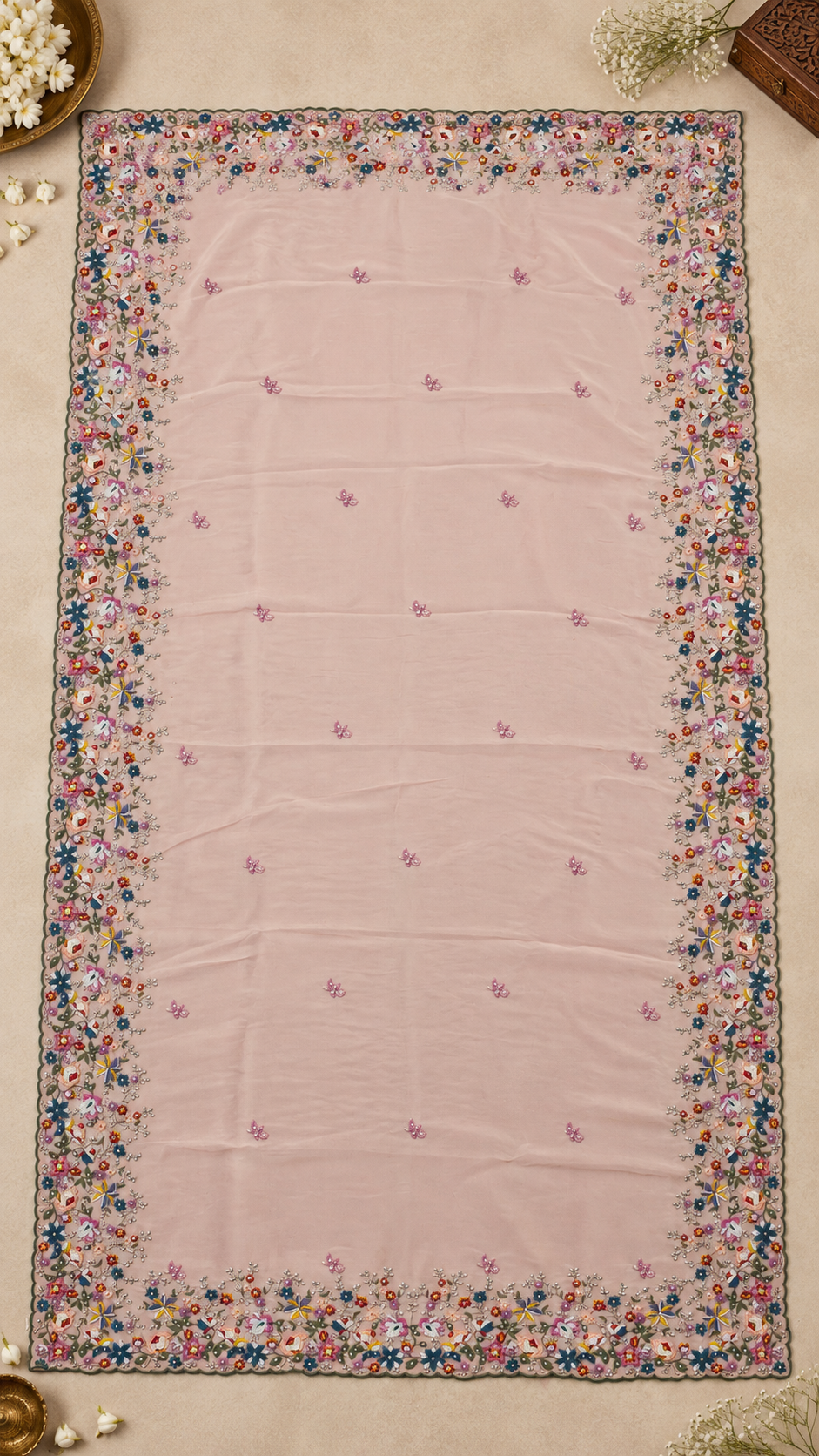 F49 Turquoise Yellow Floral Embroidered Saree