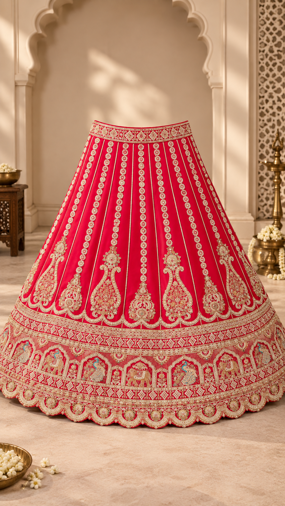 F2 Red Bridal Embroidered Lehenga Set