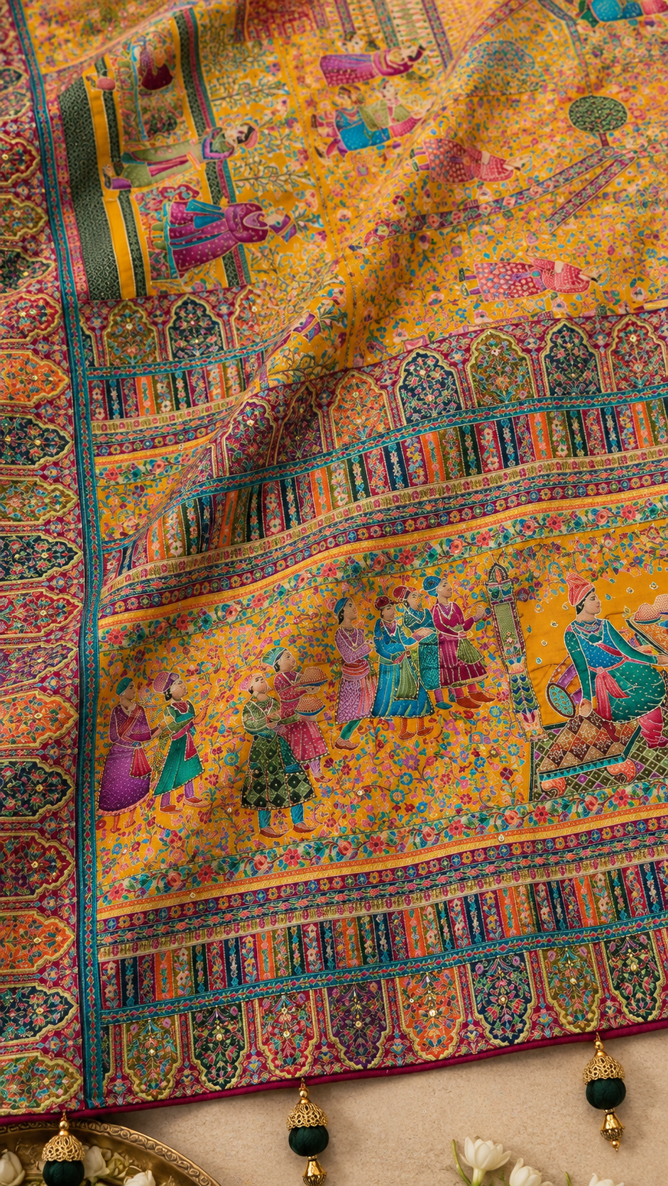 F43 Yellow Multicolour Embroidered Saree