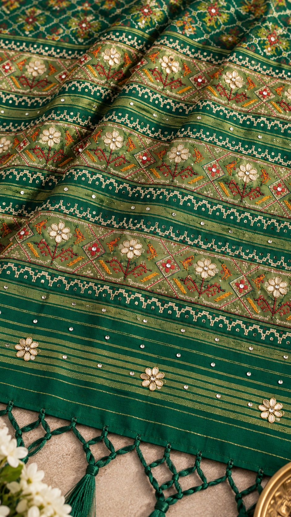 F44 Dark Green Embroidered Saree