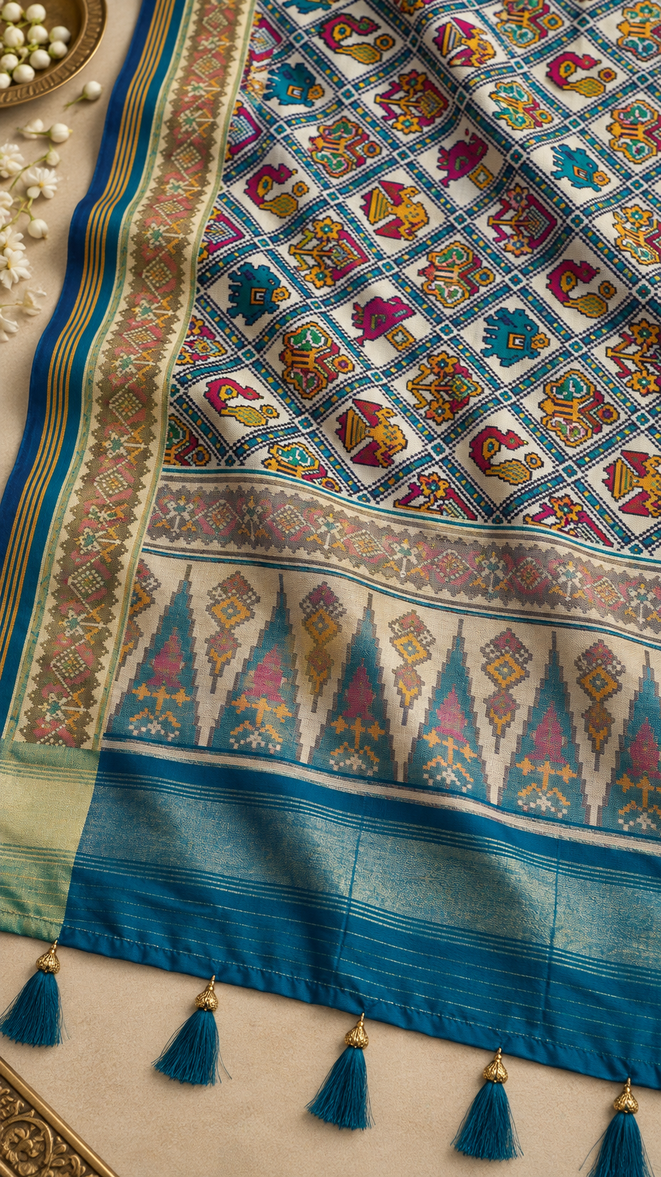 F48 Multicolour Green Embroidered Saree