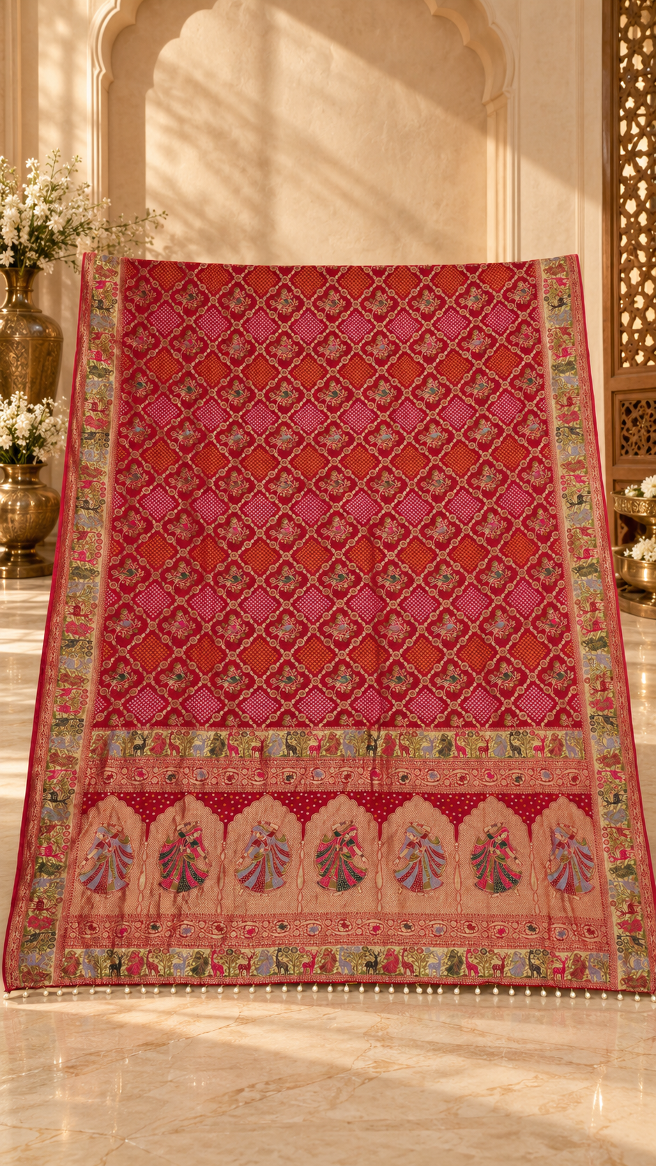 F37 Coral Red Embroidered Saree