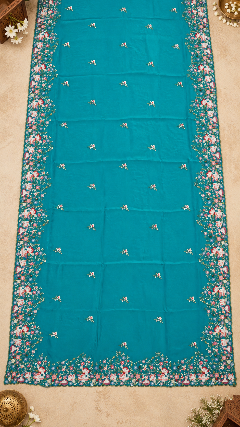 Turquoise Floral Embroidered Saree