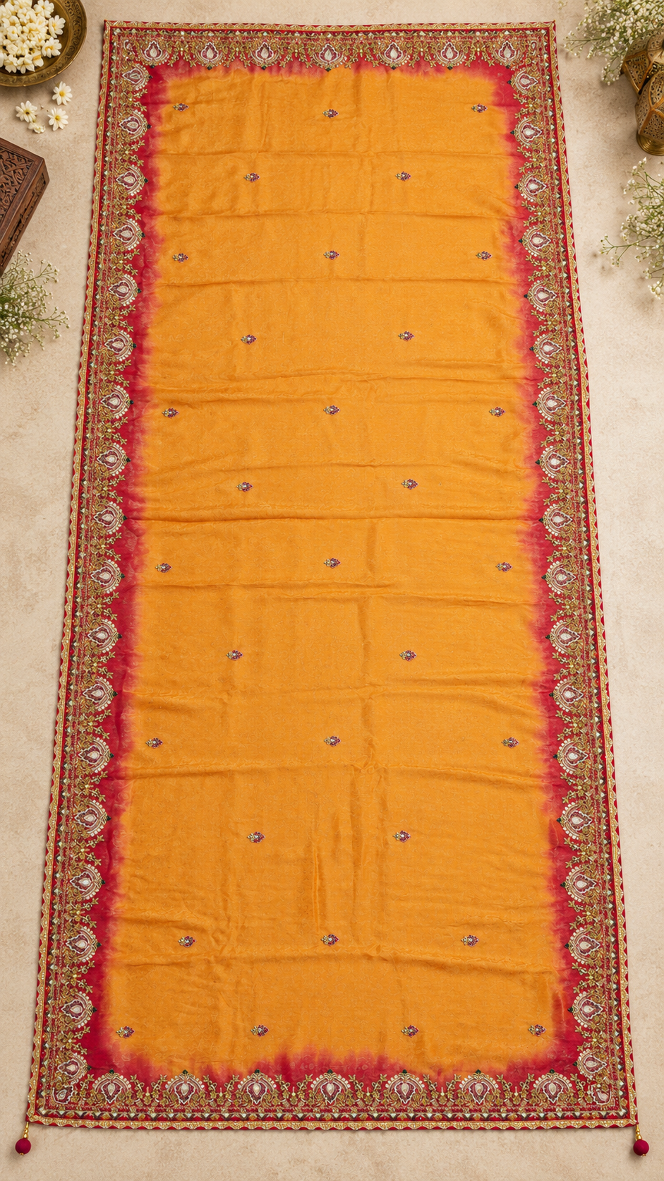 F52 Orange Gold Embroidered Saree
