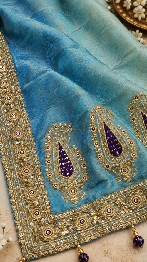F51 Blue Paisley Embroidered Saree