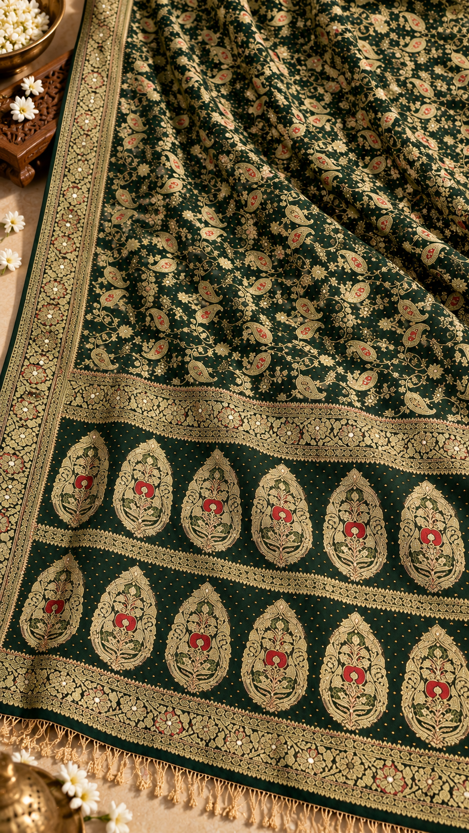 F32 Dark Green Embroidered Saree