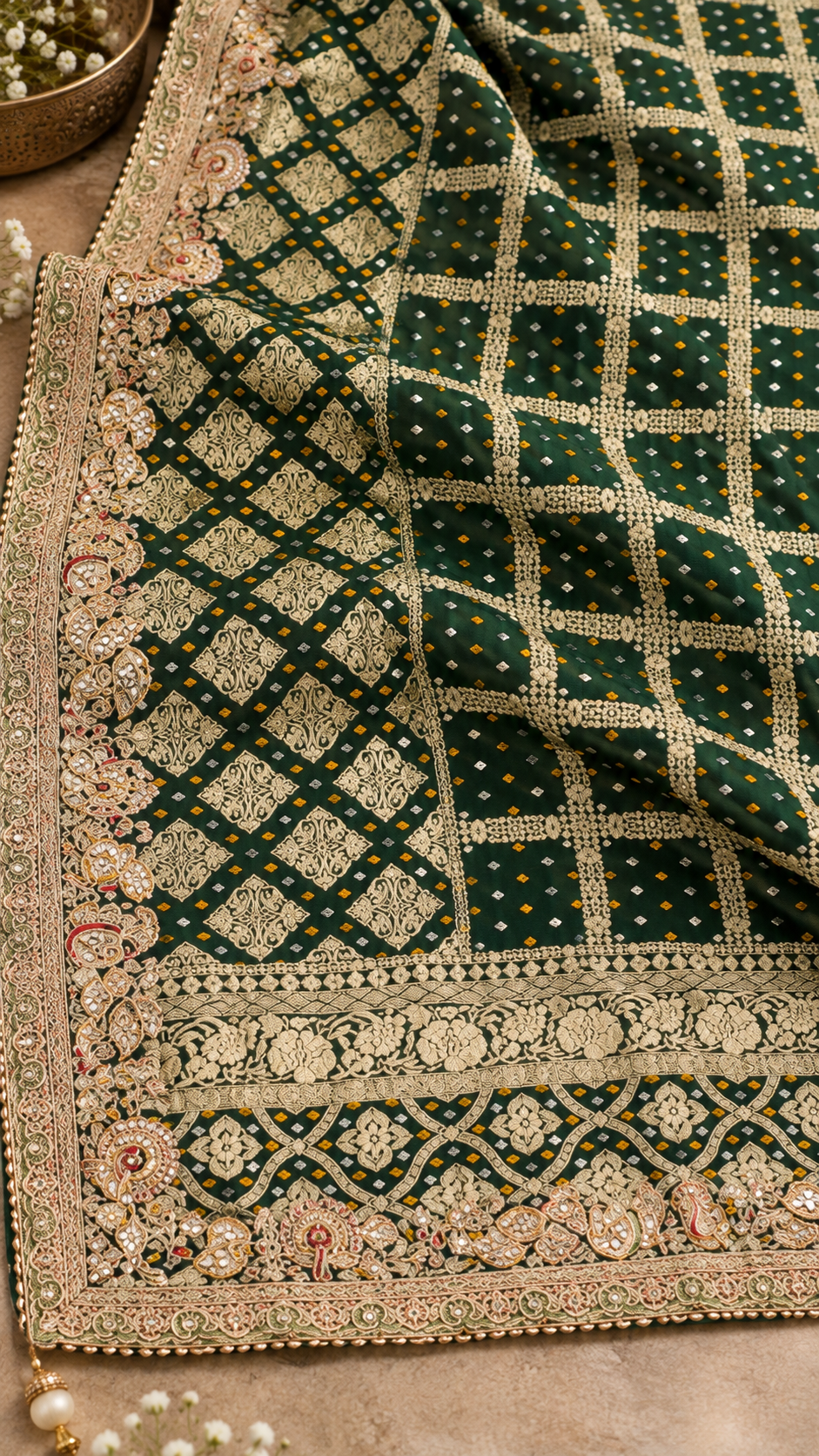F38 Green Geometric Embroidered Saree