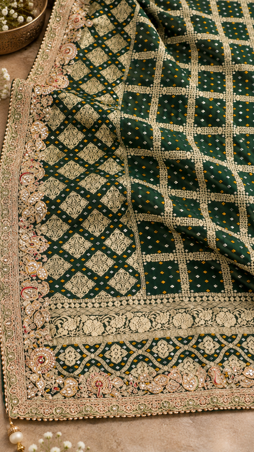 F38 Green Geometric Embroidered Saree
