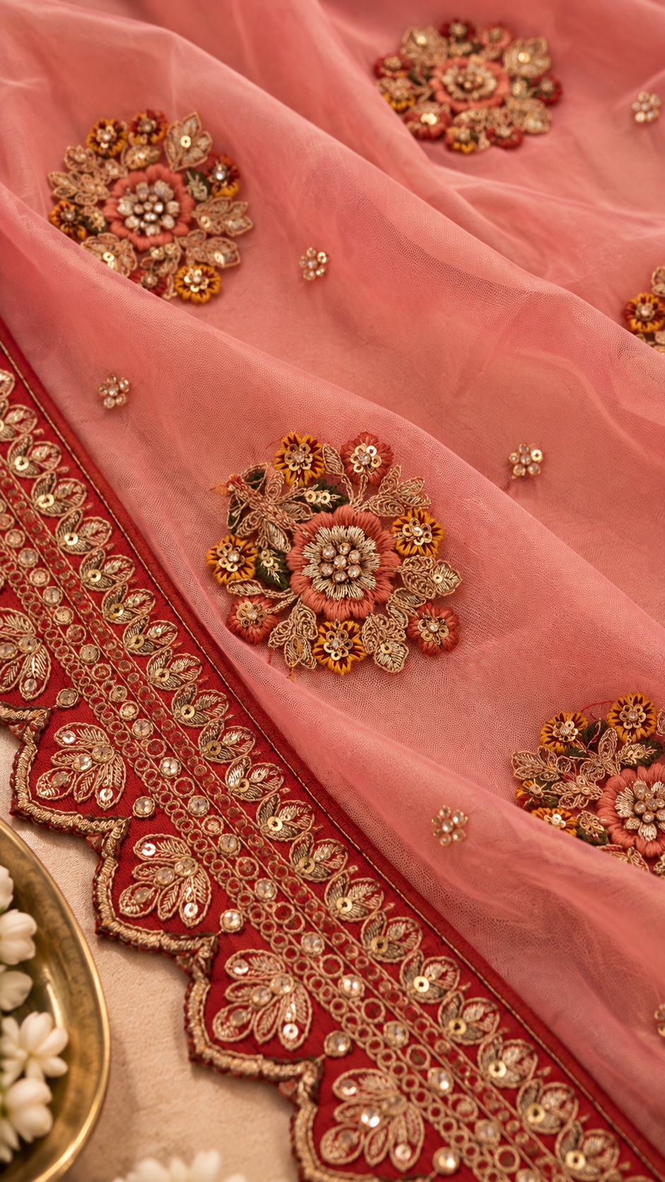 F3 Red and Gold Embroidered Lehenga Set