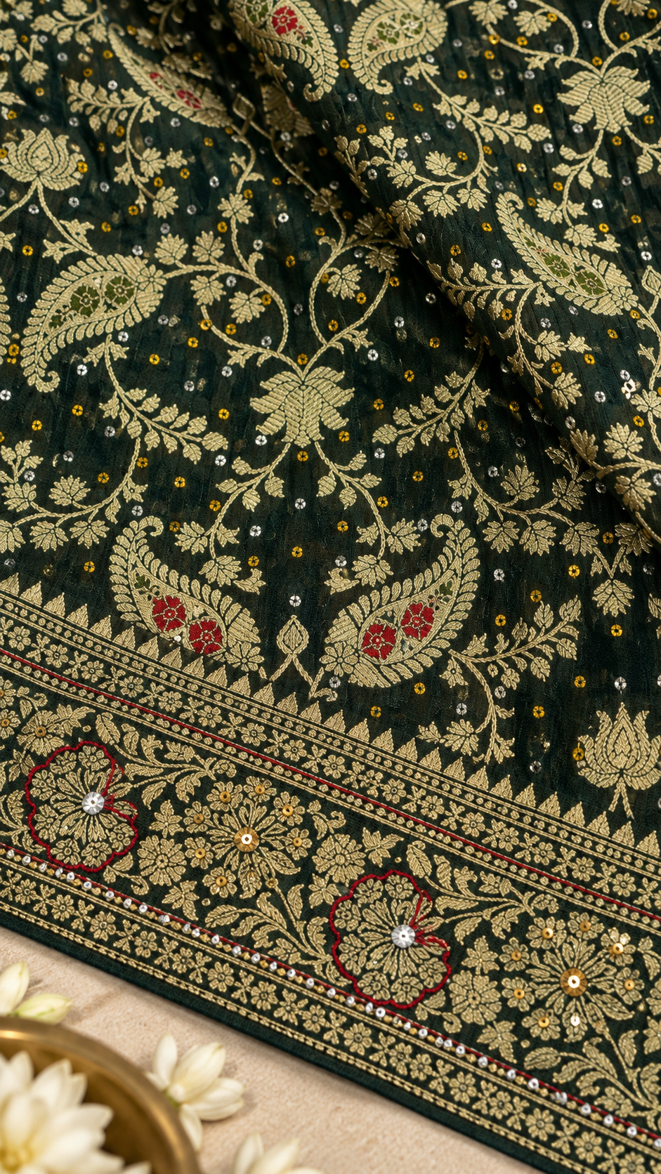 F32 Dark Green Embroidered Saree