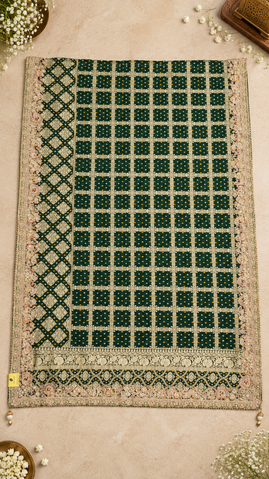 F38 Green Geometric Embroidered Saree