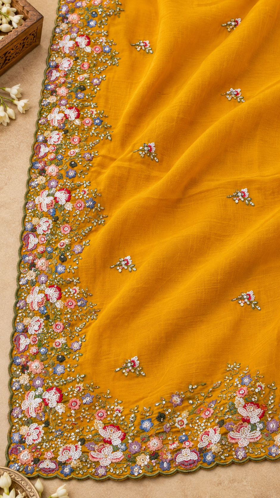 F49 Turquoise Yellow Floral Embroidered Saree
