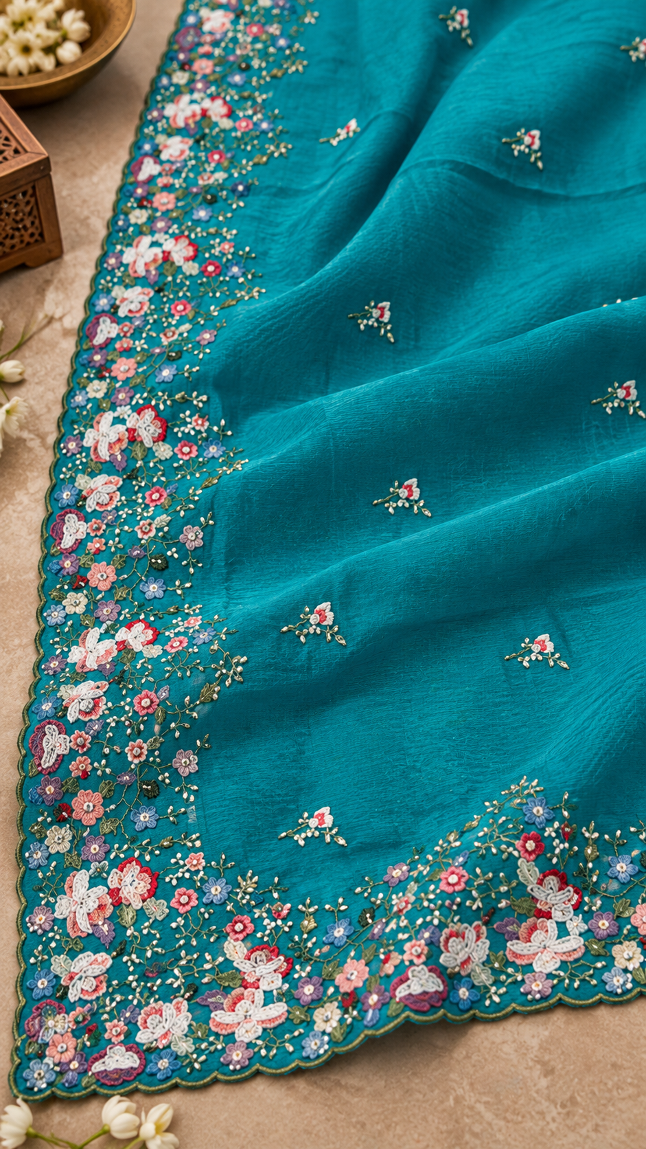 F49 Turquoise Yellow Floral Embroidered Saree