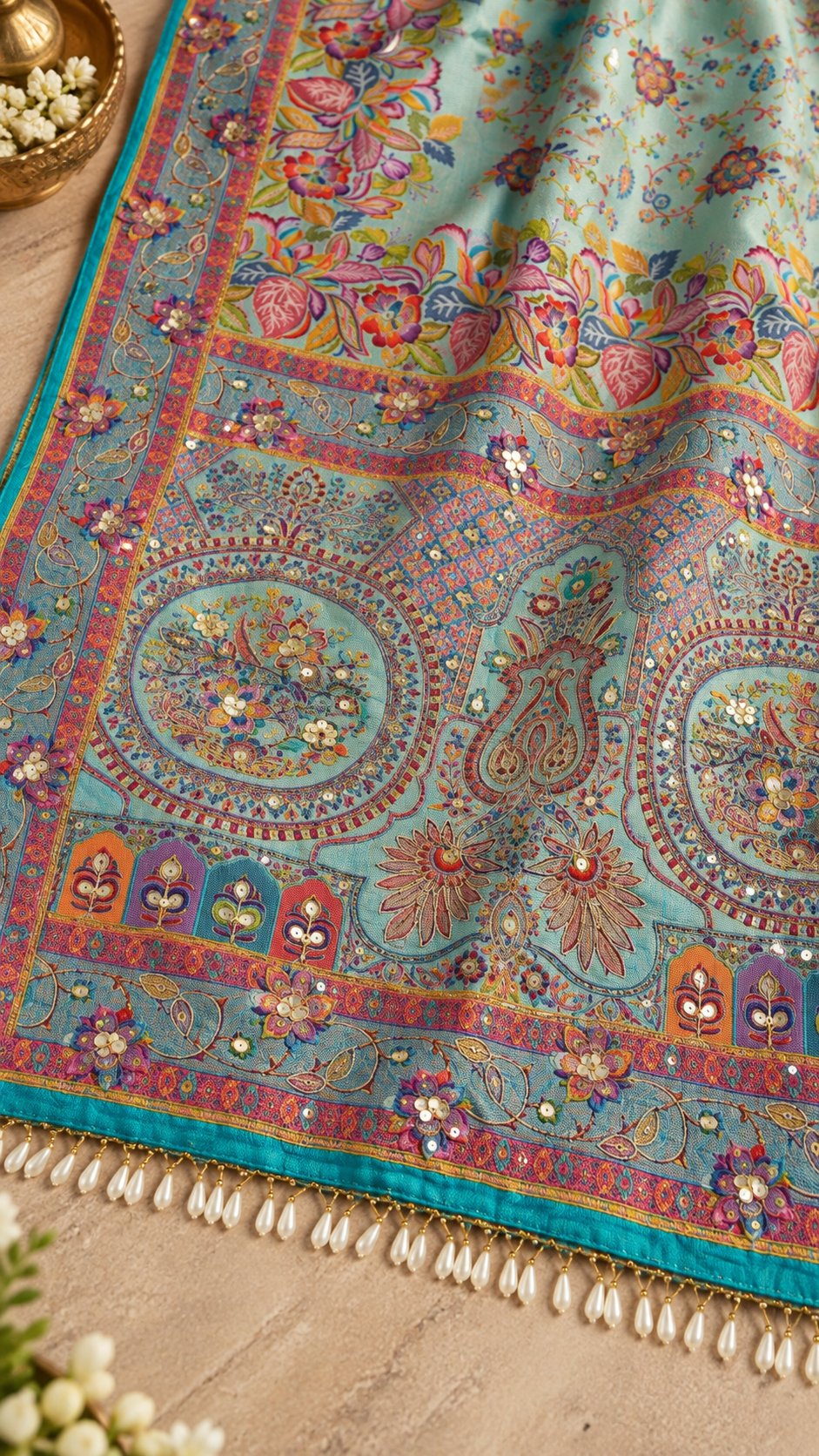 F42 Mint Blue Embroidered Saree