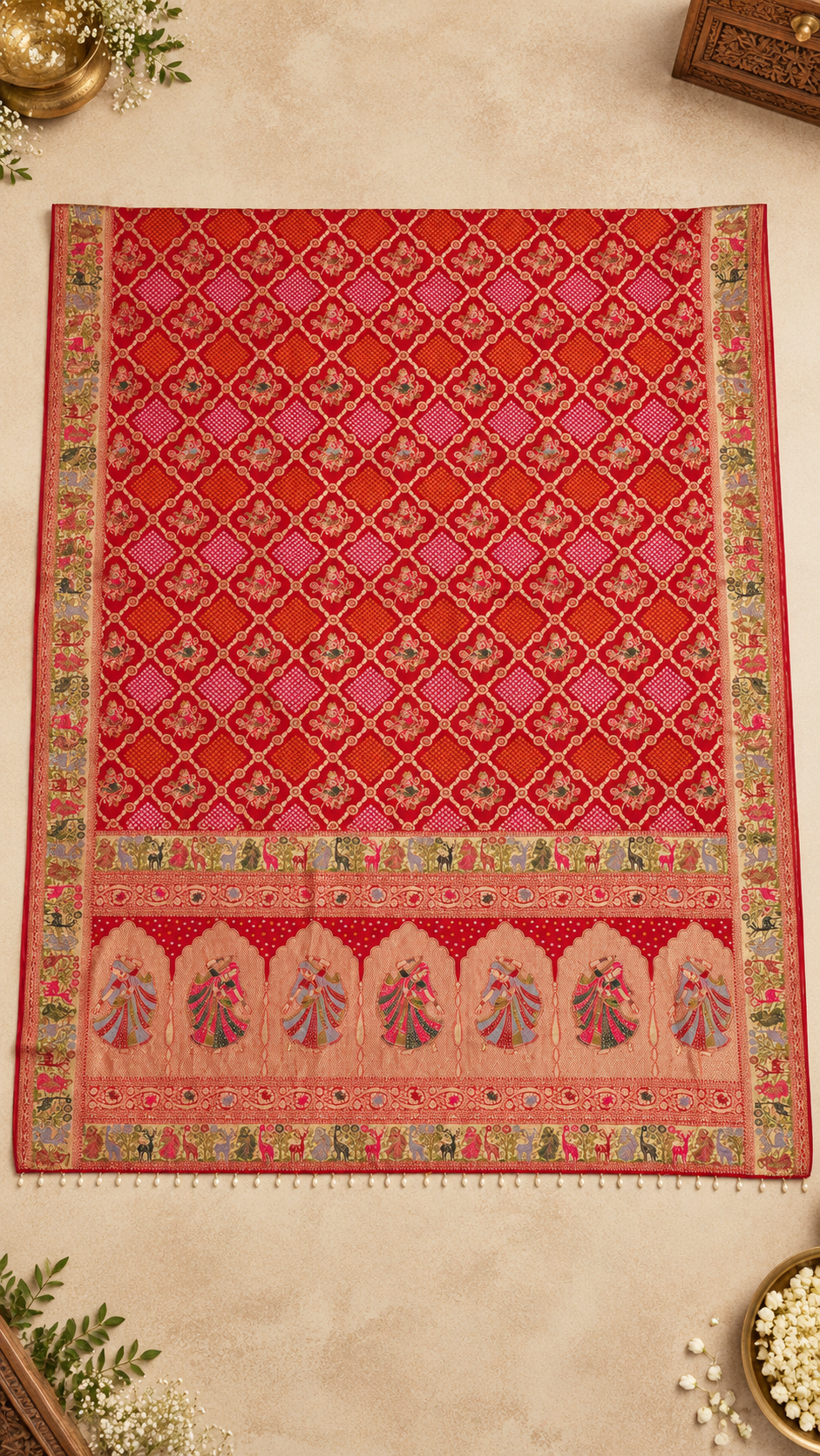 F37 Coral Red Embroidered Saree
