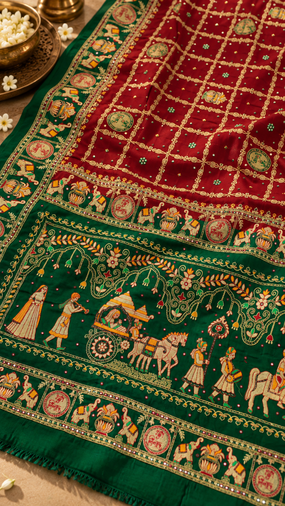 F27 Red Green Embroidered Saree