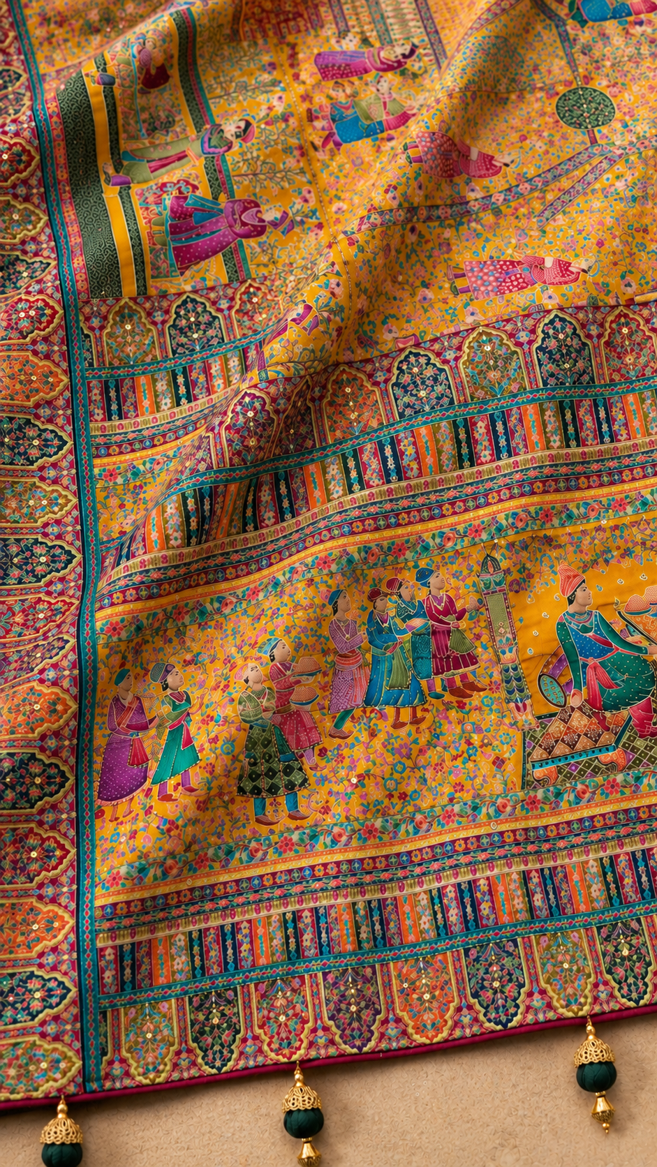 F43 Yellow Multicolour Embroidered Saree