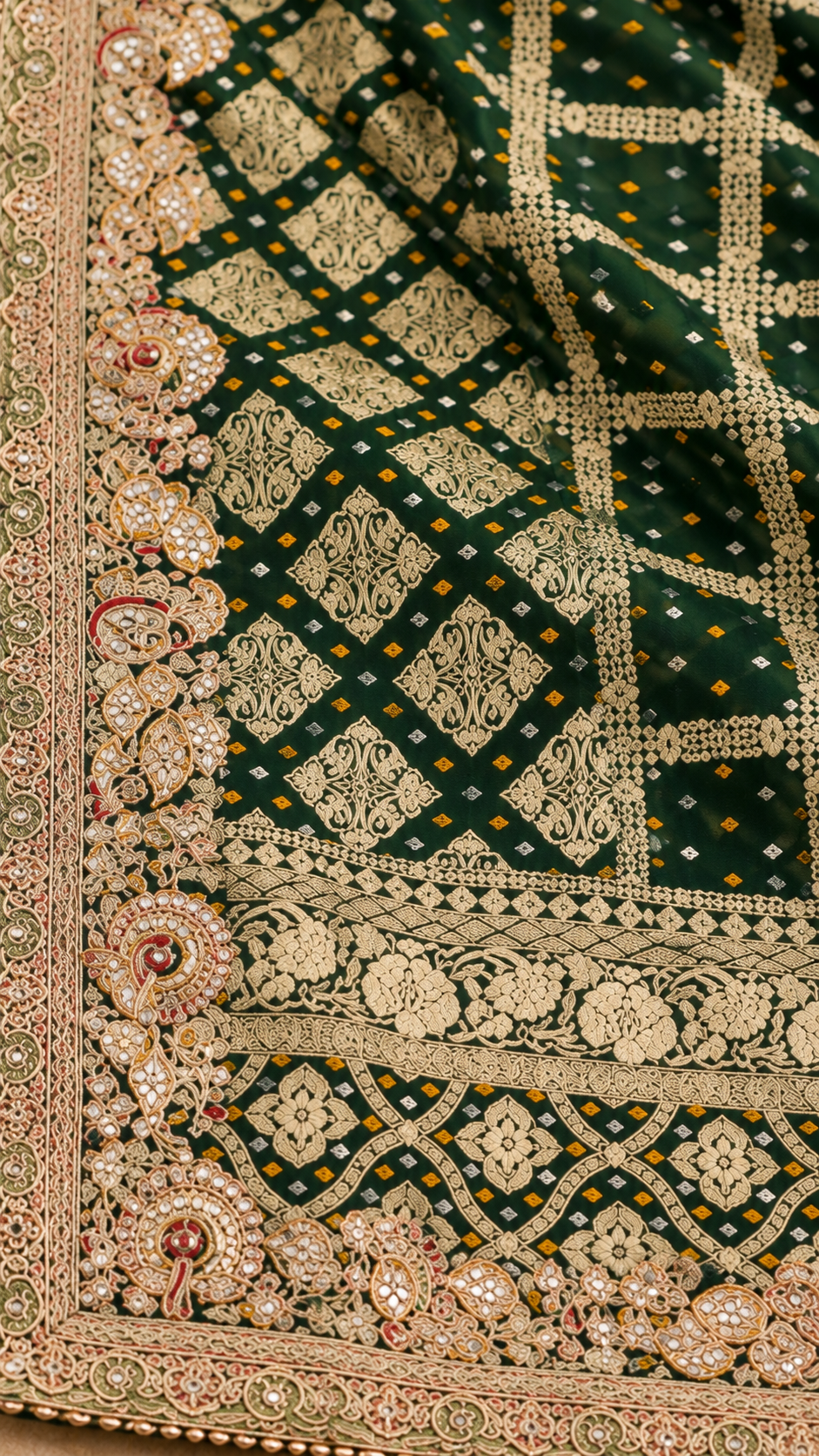 F38 Green Geometric Embroidered Saree