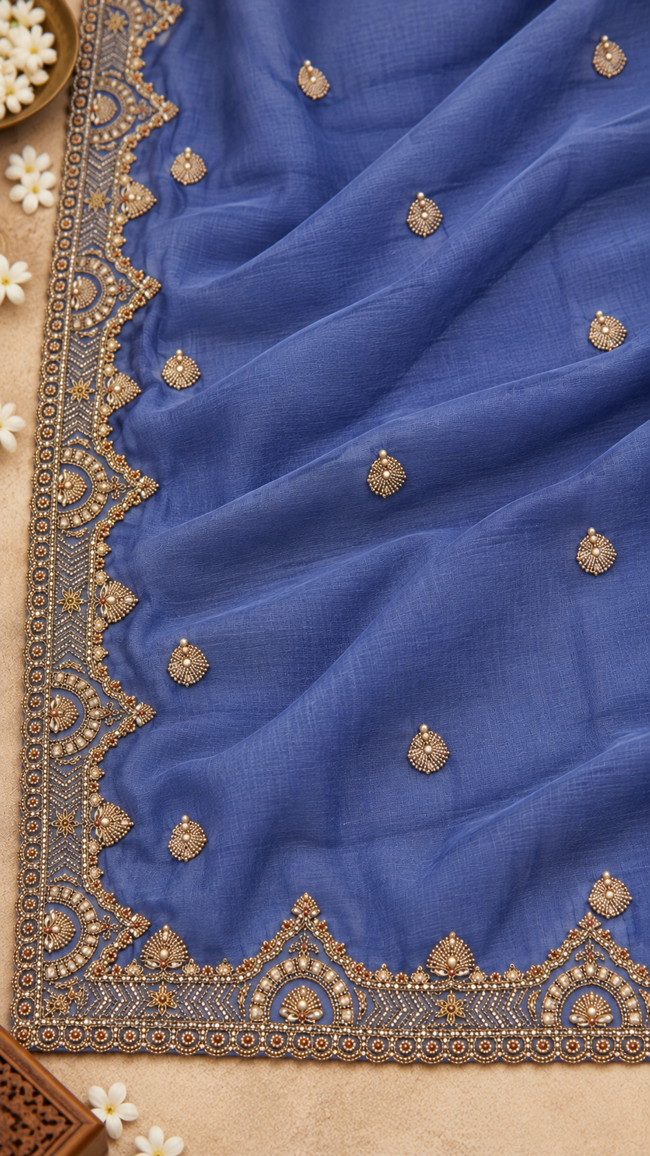 F55 Royal Blue Embroidered Saree